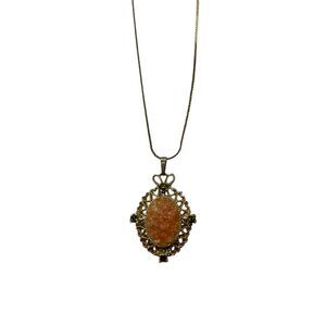 Vintage Gold Tone Filigree Pendant Necklace Orange Stone Green Gems Retro